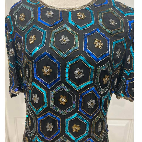 Vtg Black Blue Gold Geometric Silk Beaded Sequin Evening Blouse Top Scalloped - Picture 4 of 5